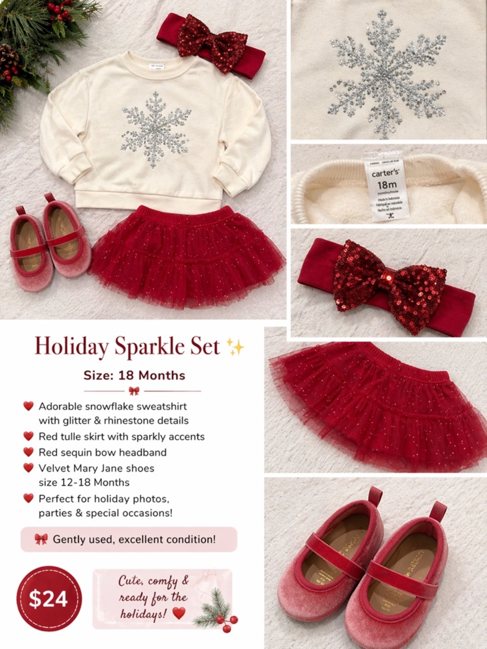 Carter’s Holiday Set 18M | Snowflake Sweater Tutu Shoes Headband